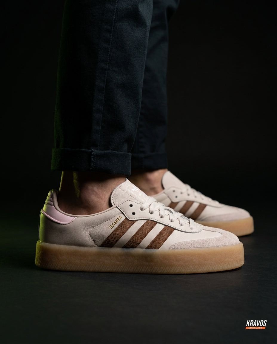 AD Leather Gum-Sole Platform Trainer Cream Brown Pink