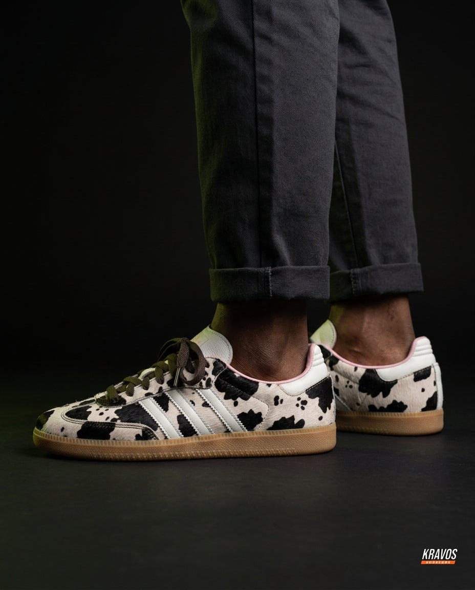 AD Leather Ribbed-Toe Terrace Trainer Cow Print Black White