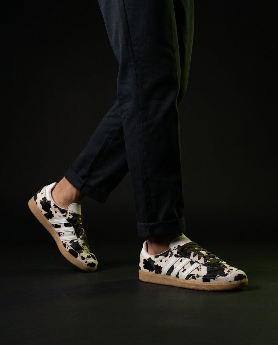 AD Leather Ribbed-Toe Terrace Trainer Cow Print Black White