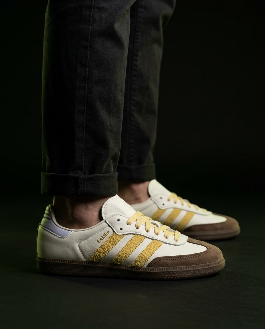 AD Leather Ribbed-Toe Terrace Trainer White Gold Brown
