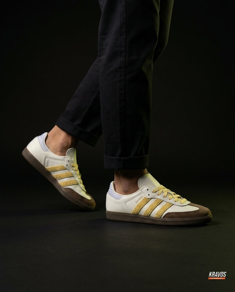 AD Leather Ribbed-Toe Terrace Trainer White Gold Brown