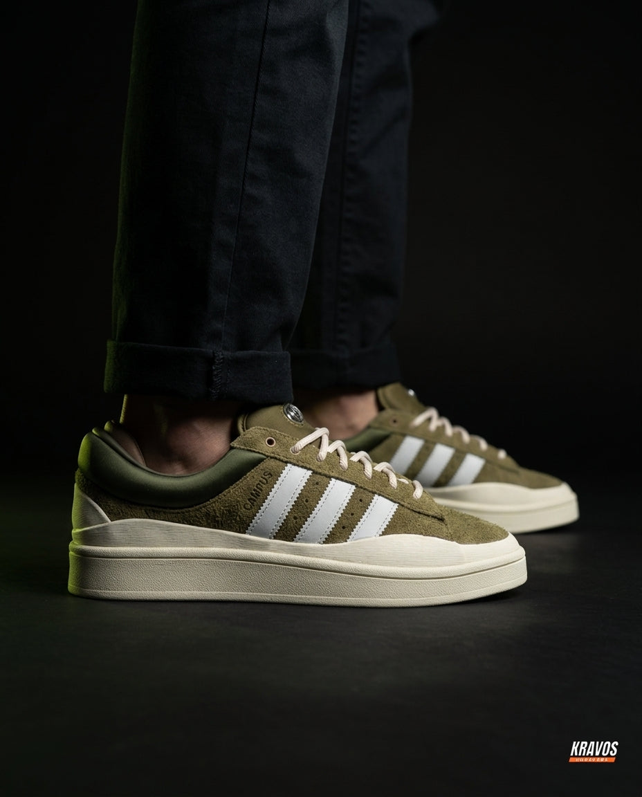 AD Suede Layered Wedge-Sole Trainer Olive Cream