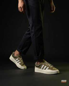 AD Suede Layered Wedge-Sole Trainer Olive Cream