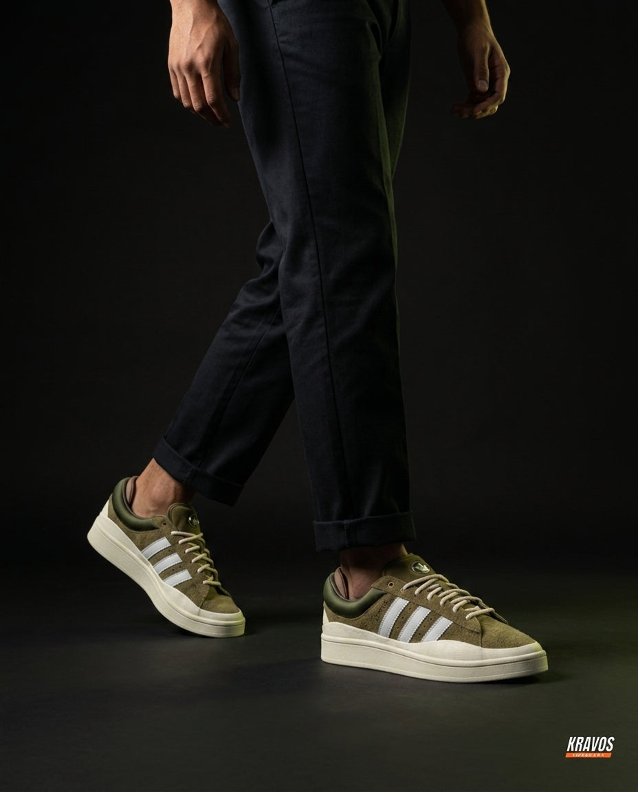 AD Suede Layered Wedge-Sole Trainer Olive Cream