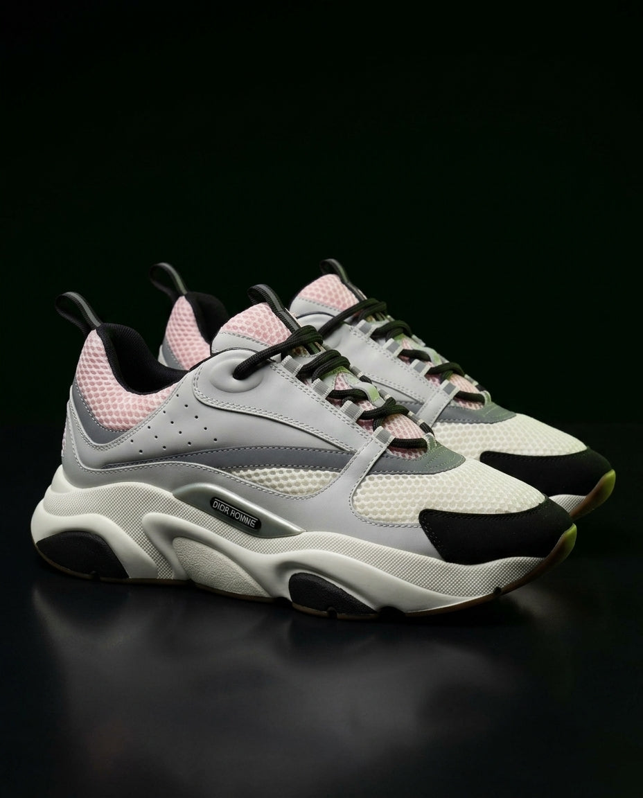 DIOR Preloved Leather Mesh Panelled Chunky Trainer White Grey Pink