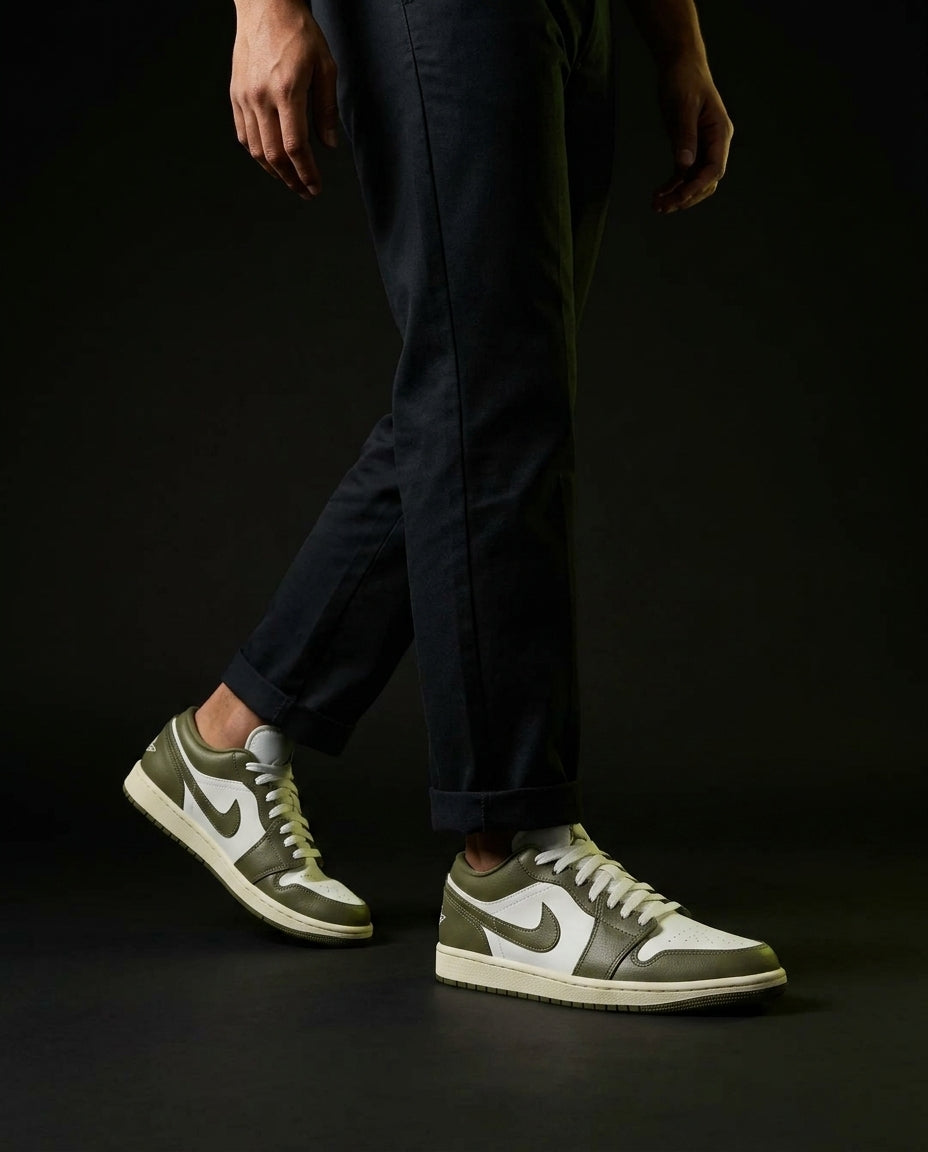 JDN Leather Panelled Court Trainer Olive White