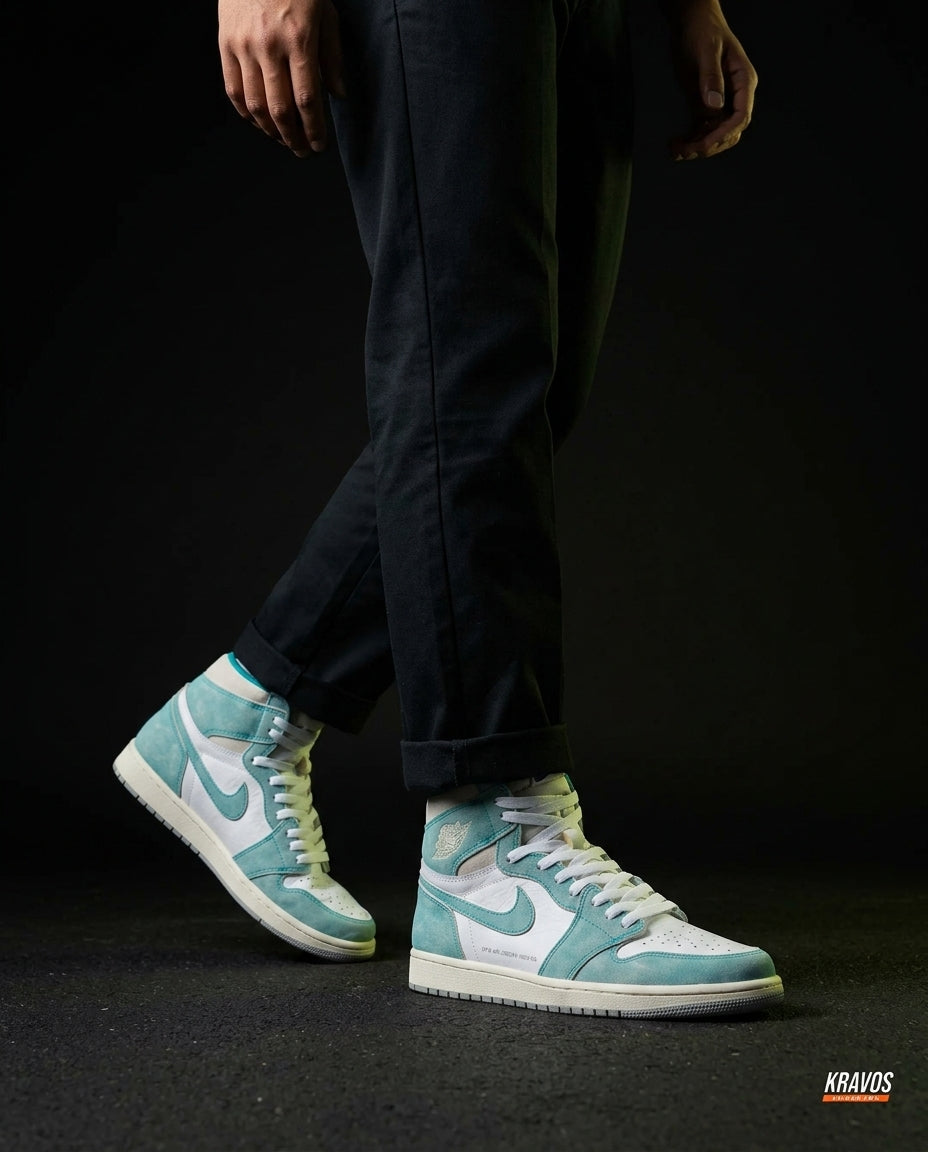 JDN Leather Perforated-Toe High Trainer Turquoise White