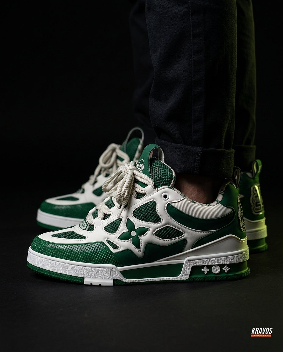 LV Leather Mesh Panelled Skate Trainer Green White
