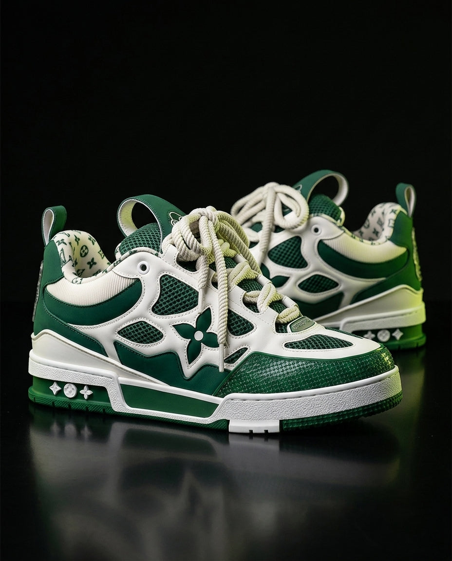 LV Leather Mesh Panelled Skate Trainer Green White