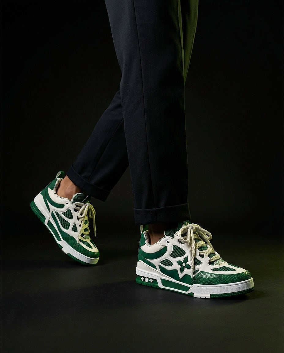 LV Leather Mesh Panelled Skate Trainer Green White