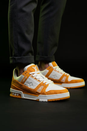 LV Leather Panelled Monogram Trainer White Orange