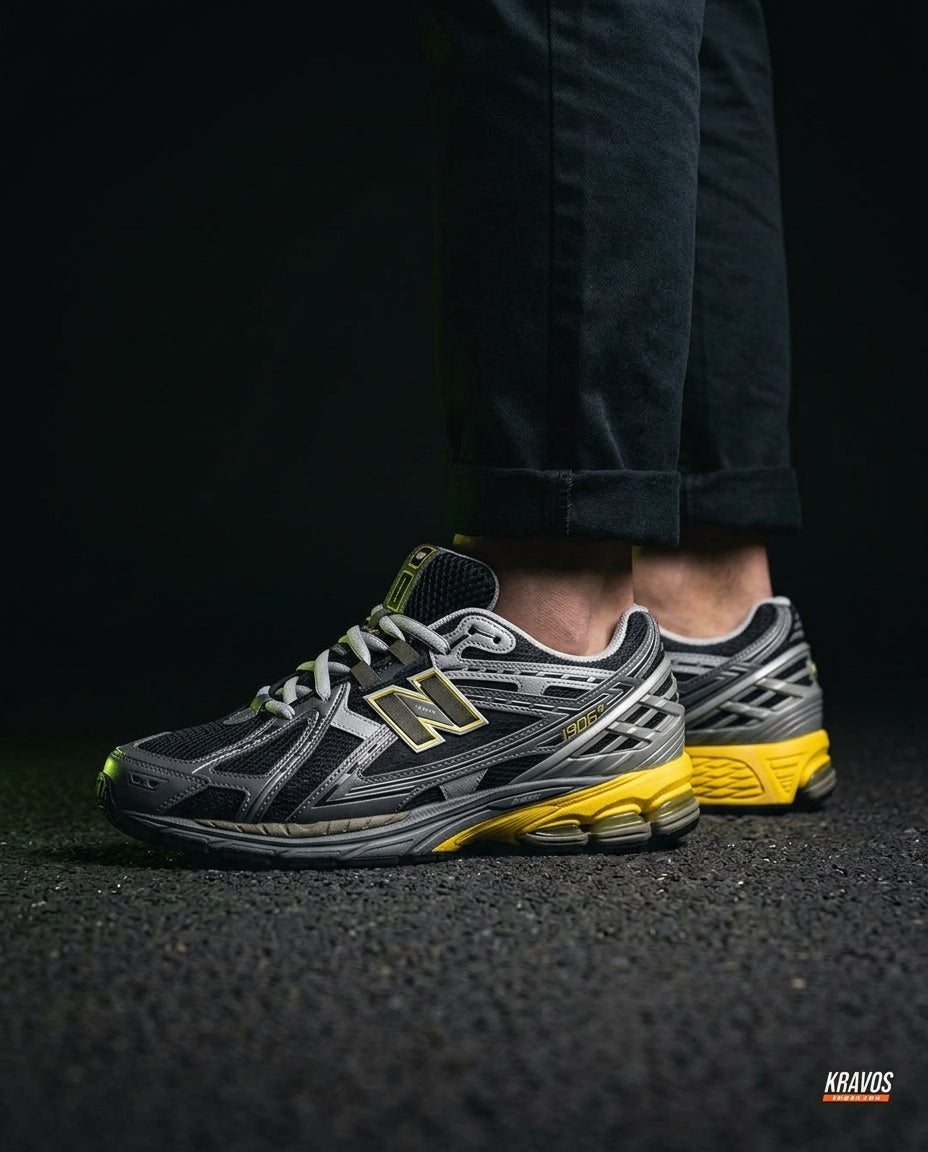 NB 1906R Mesh Layered Chunky Runner Black Grey Yellow