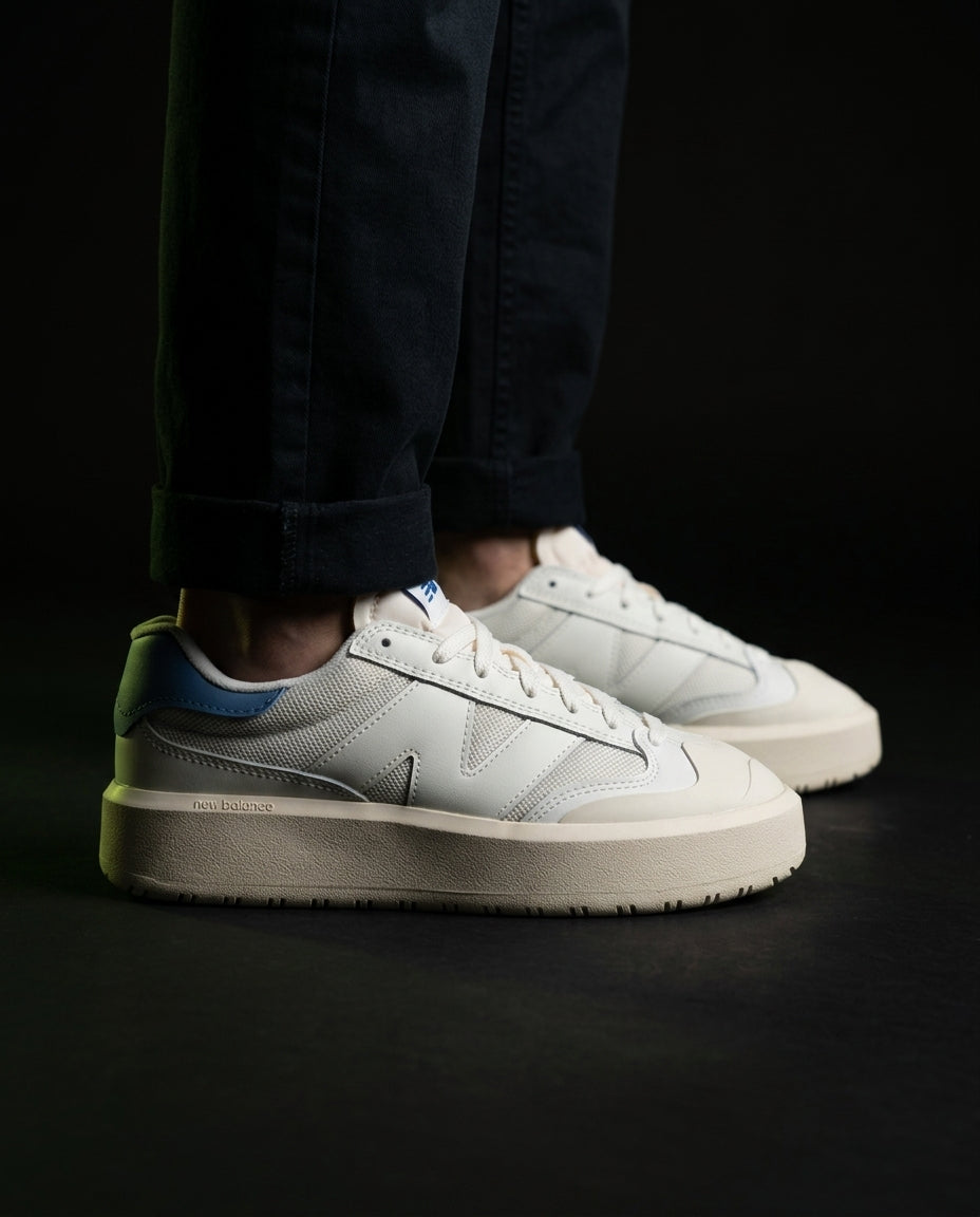 NB 302 Leather Platform Court Trainer White Blue Cream