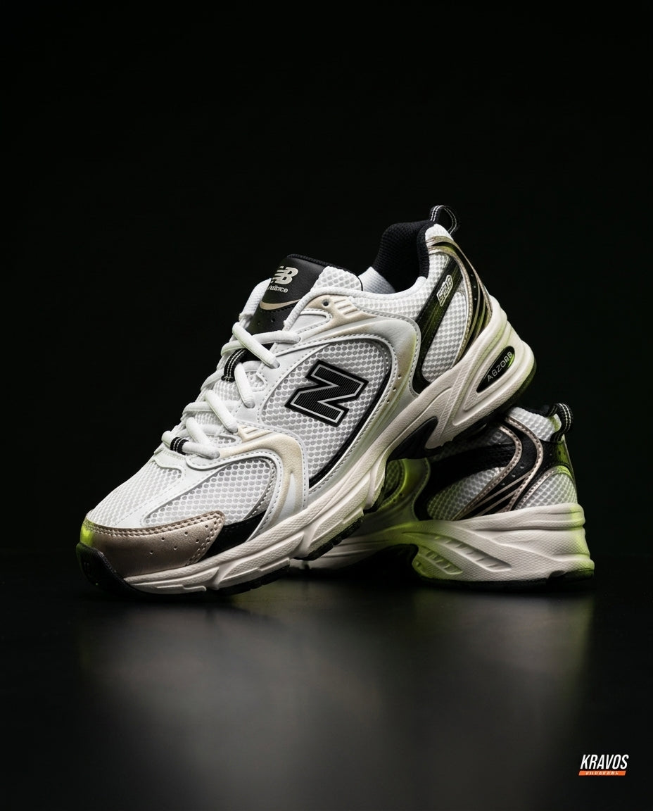 NB 530 Mesh Panelled Retro Runner White 2 White Black Gold