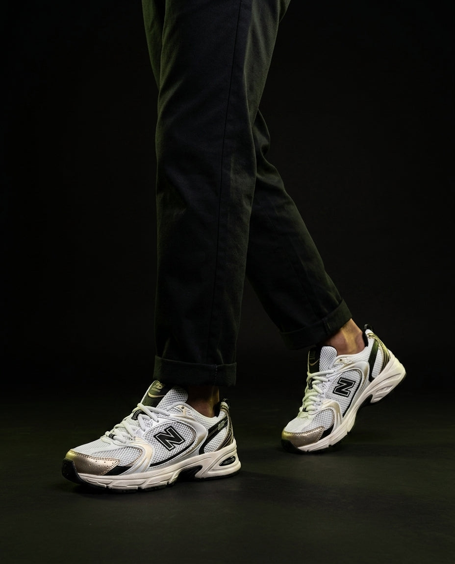 NB 530 Mesh Panelled Retro Runner White 2 White Black Gold