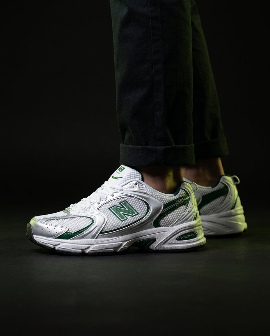 NB 530 Mesh Panelled Retro Runner White 1 White Green Silver