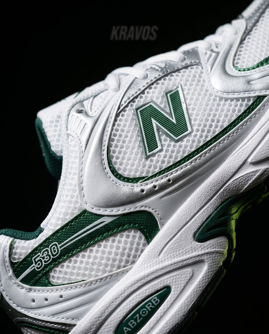 NB 530 Mesh Panelled Retro Runner White 1 White Green Silver