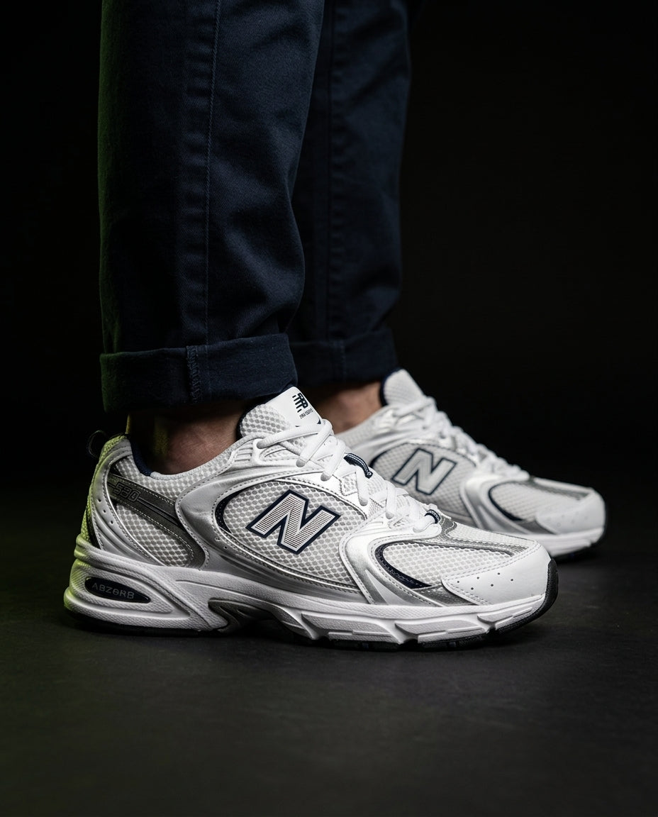 NB 530 Mesh Panelled Retro Runner White 2 White Navy Silver