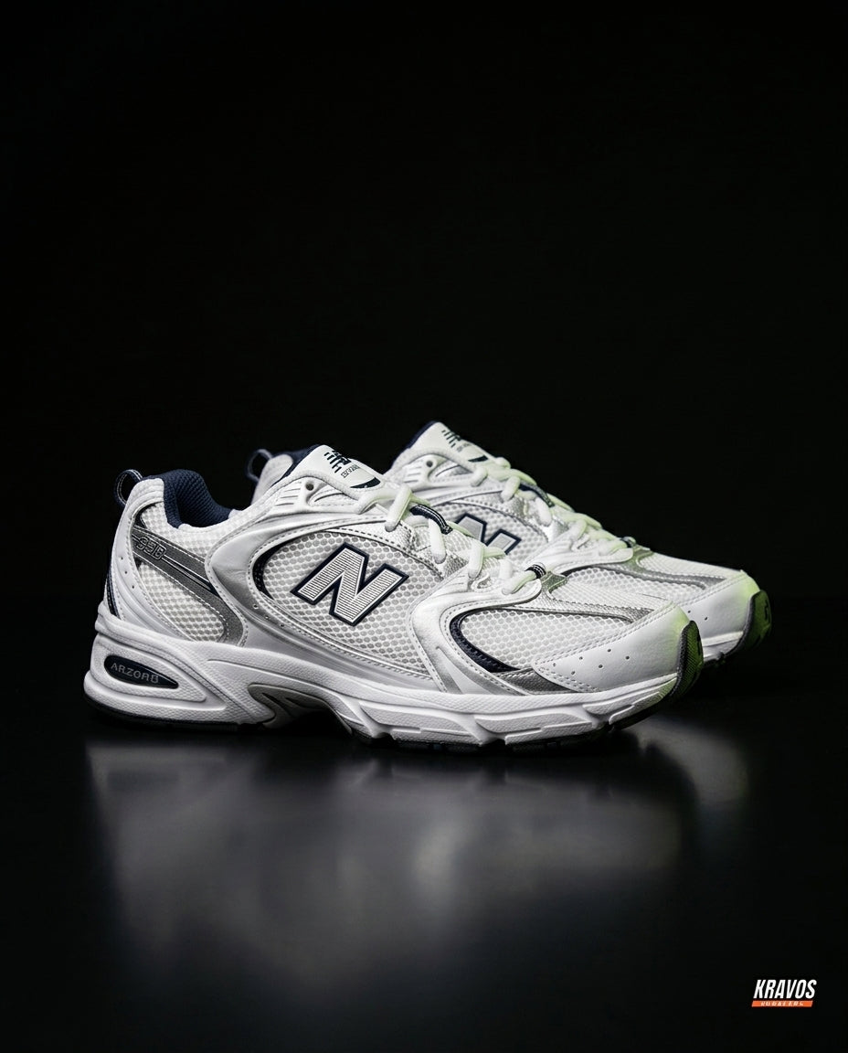 NB 530 Mesh Panelled Retro Runner White 2 White Navy Silver
