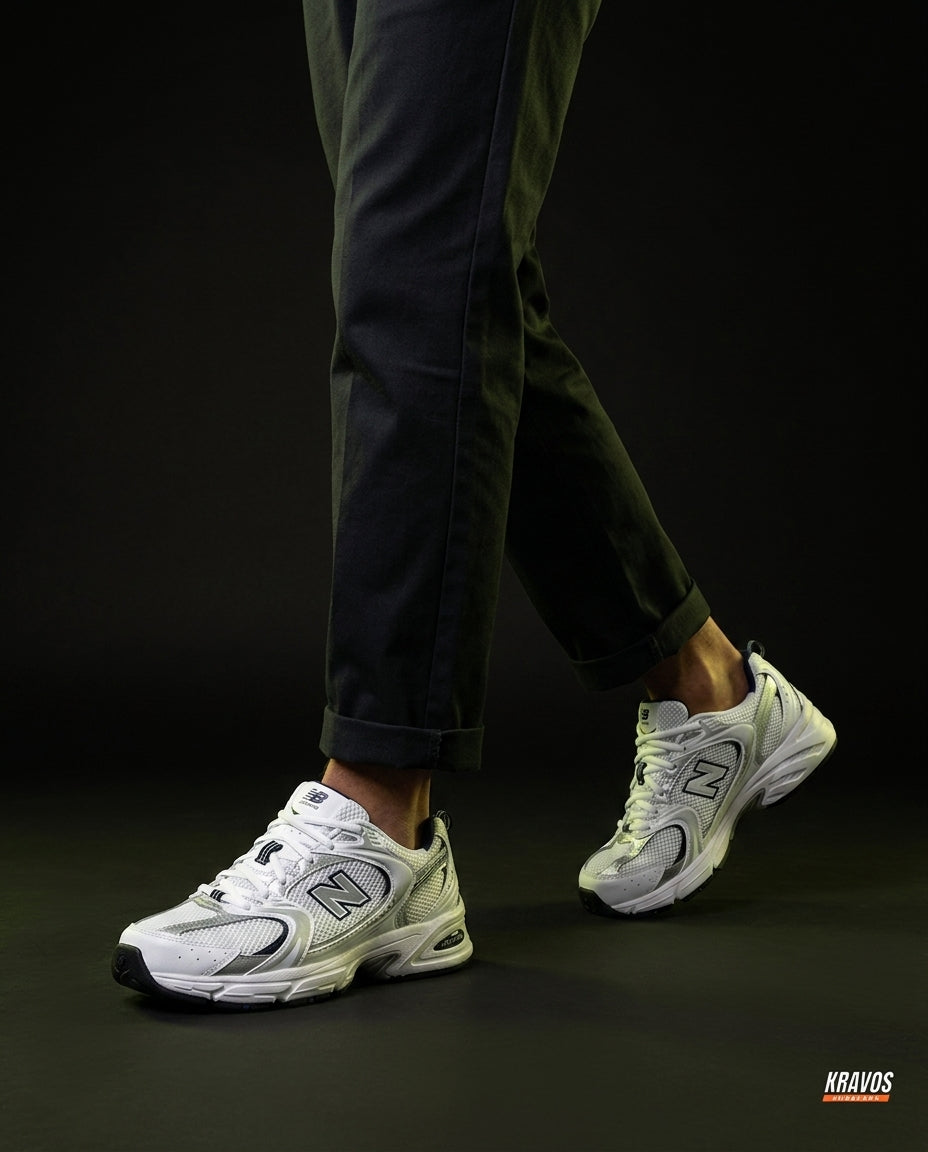 NB 530 Mesh Panelled Retro Runner White 2 White Navy Silver