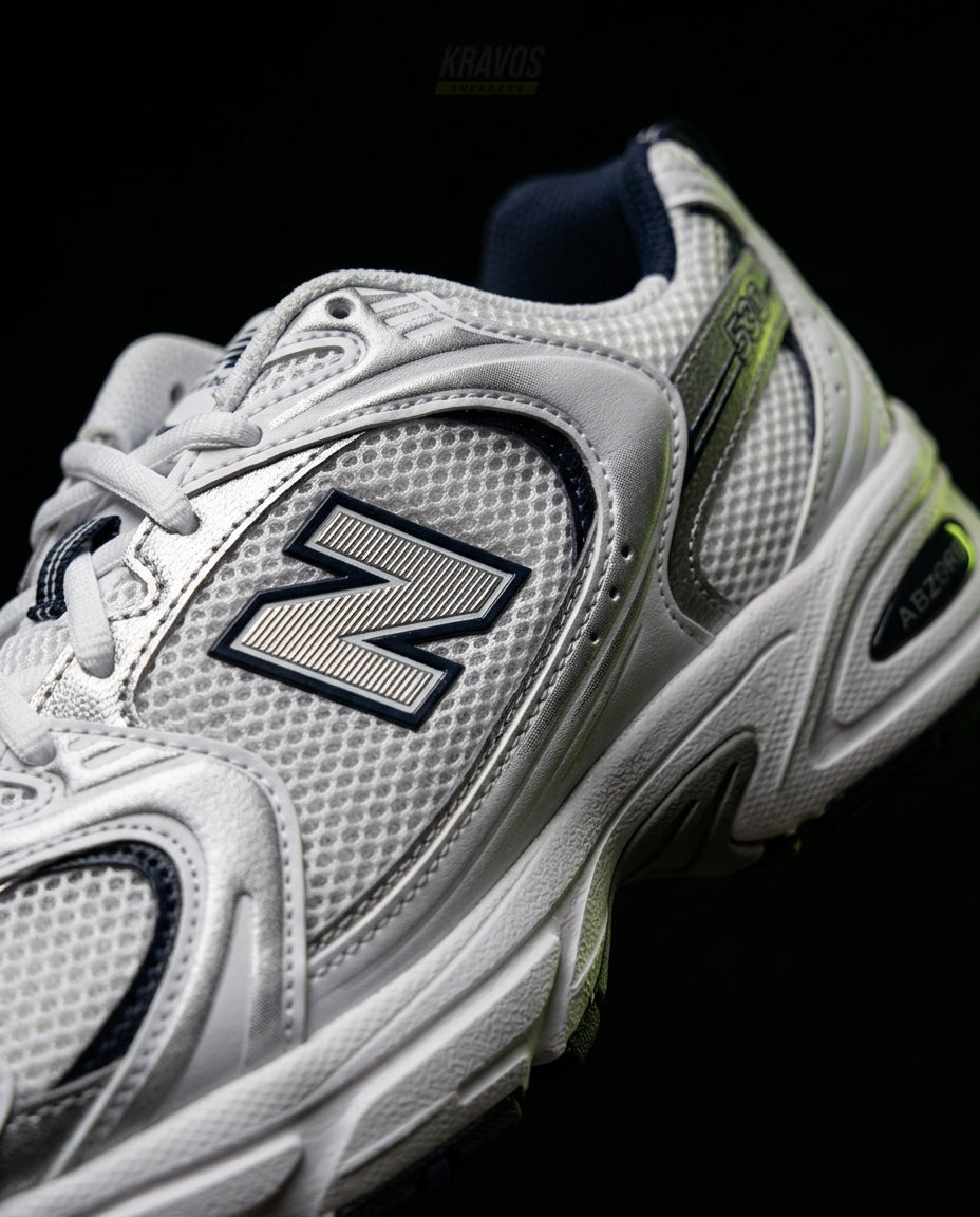 NB 530 Mesh Panelled Retro Runner White 2 White Navy Silver