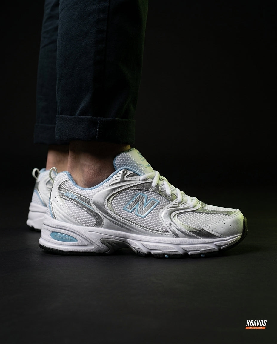 NB 530 Mesh Panelled Retro Runner White 2 White Silver Blue