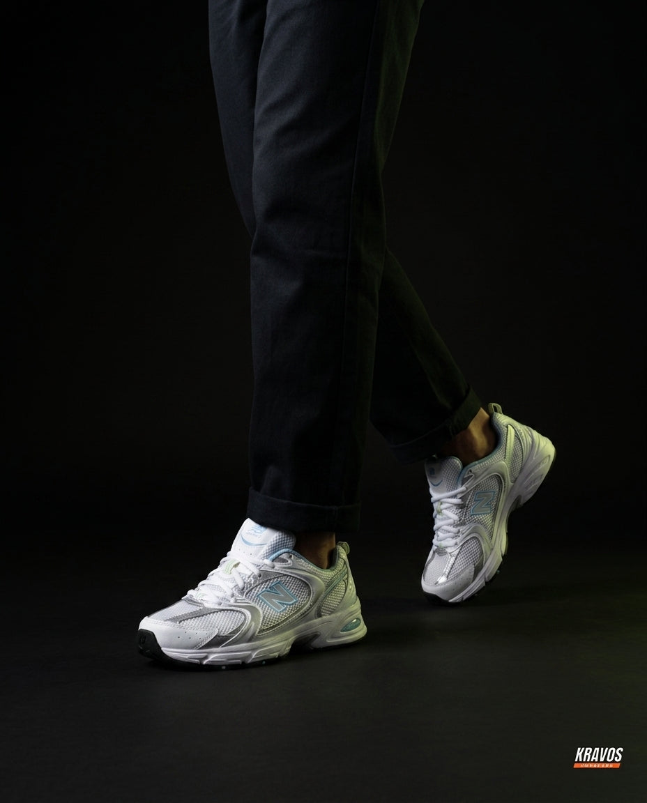 NB 530 Mesh Panelled Retro Runner White 2 White Silver Blue