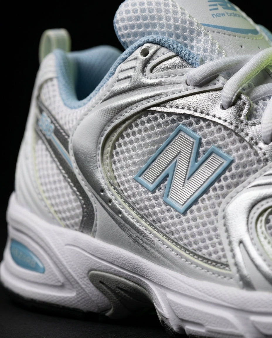 NB 530 Mesh Panelled Retro Runner White 2 White Silver Blue