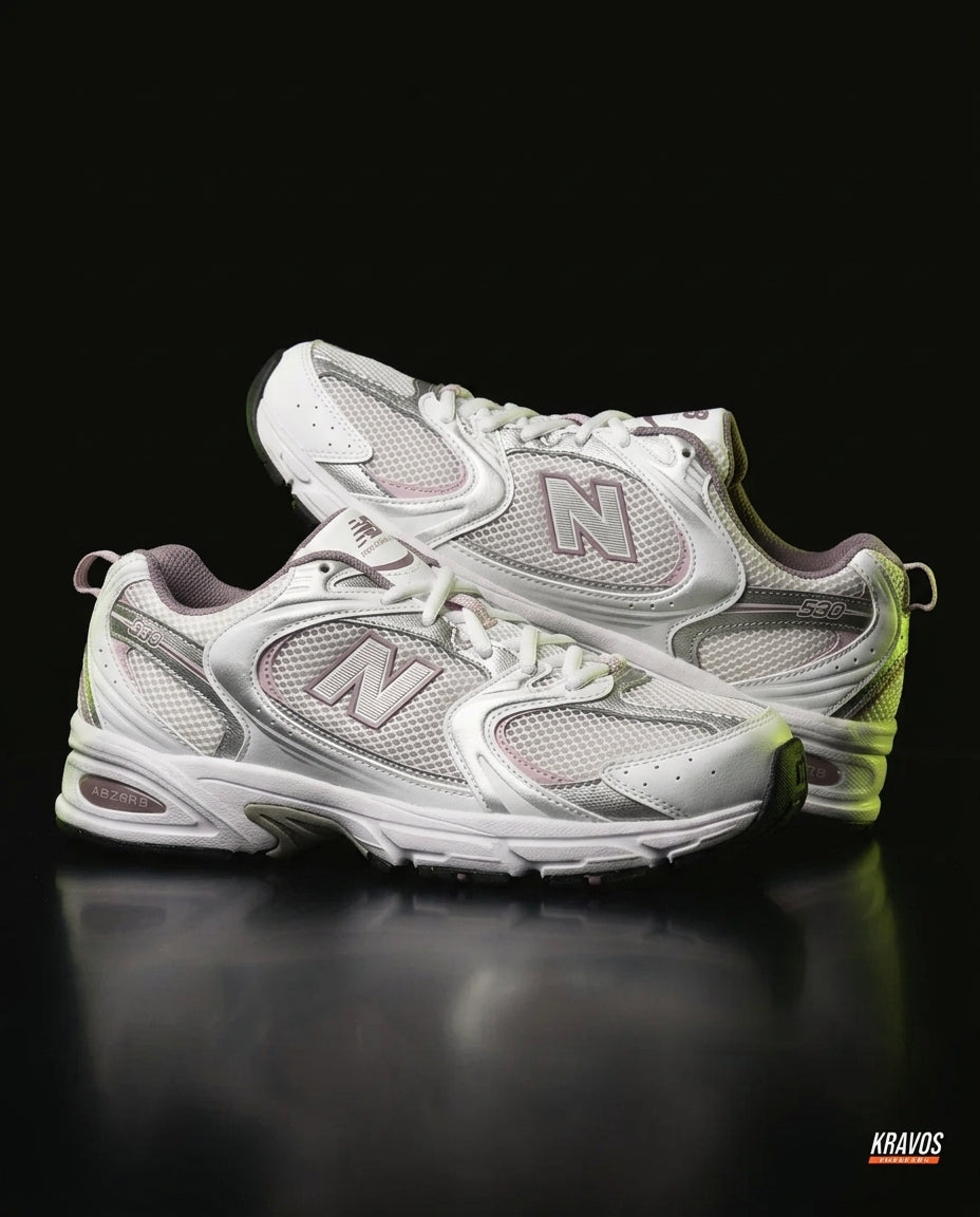 NB 530 Mesh Panelled Retro Runner White 2 White Silver Pink