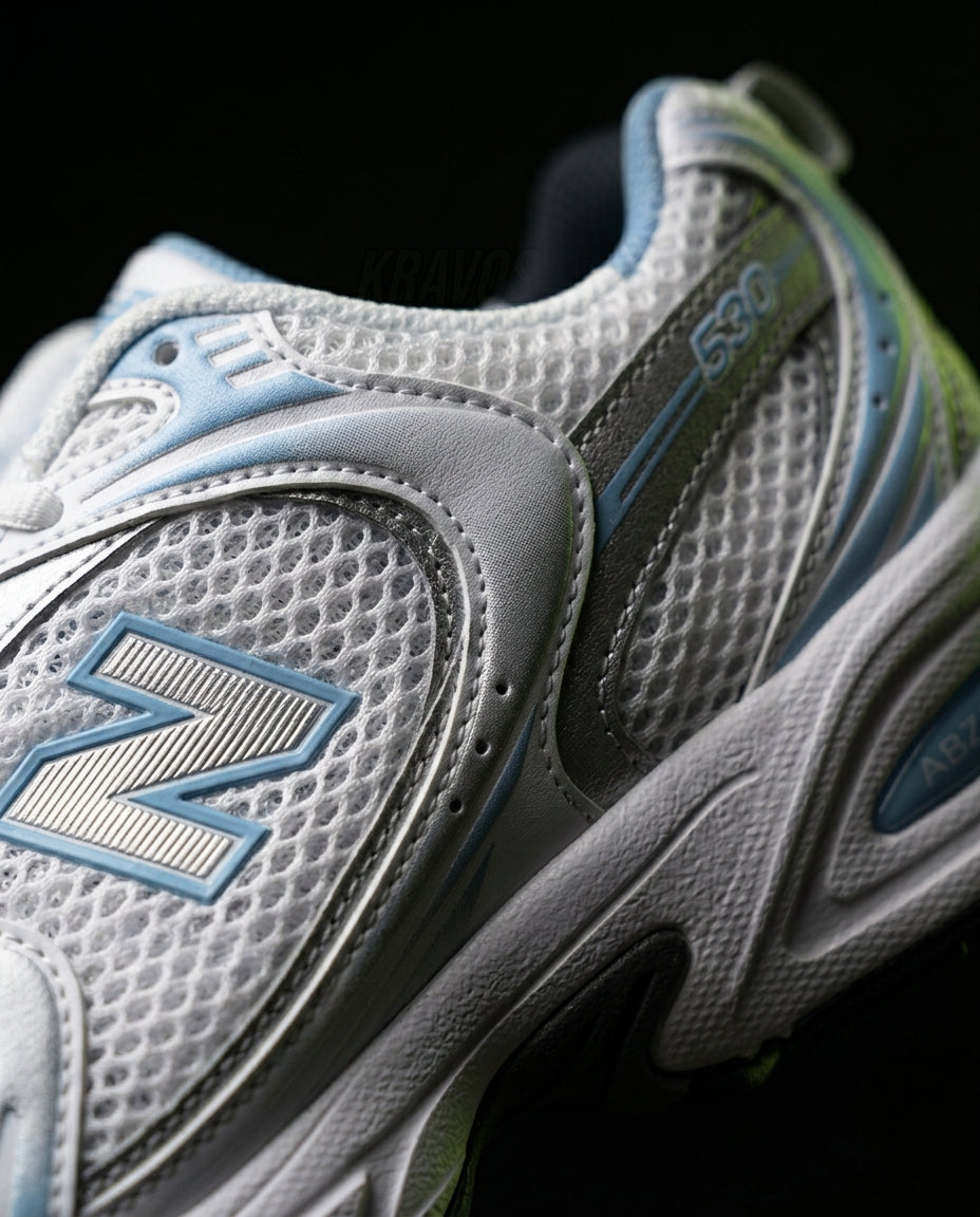 NB 530 Mesh Panelled Retro Runner White 1 White Sky Blue Silver