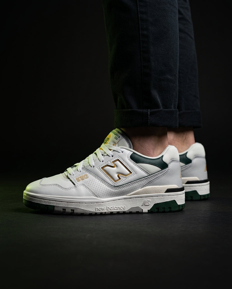 NB 550 Leather Panelled Court Trainer White 3 White Green Gold