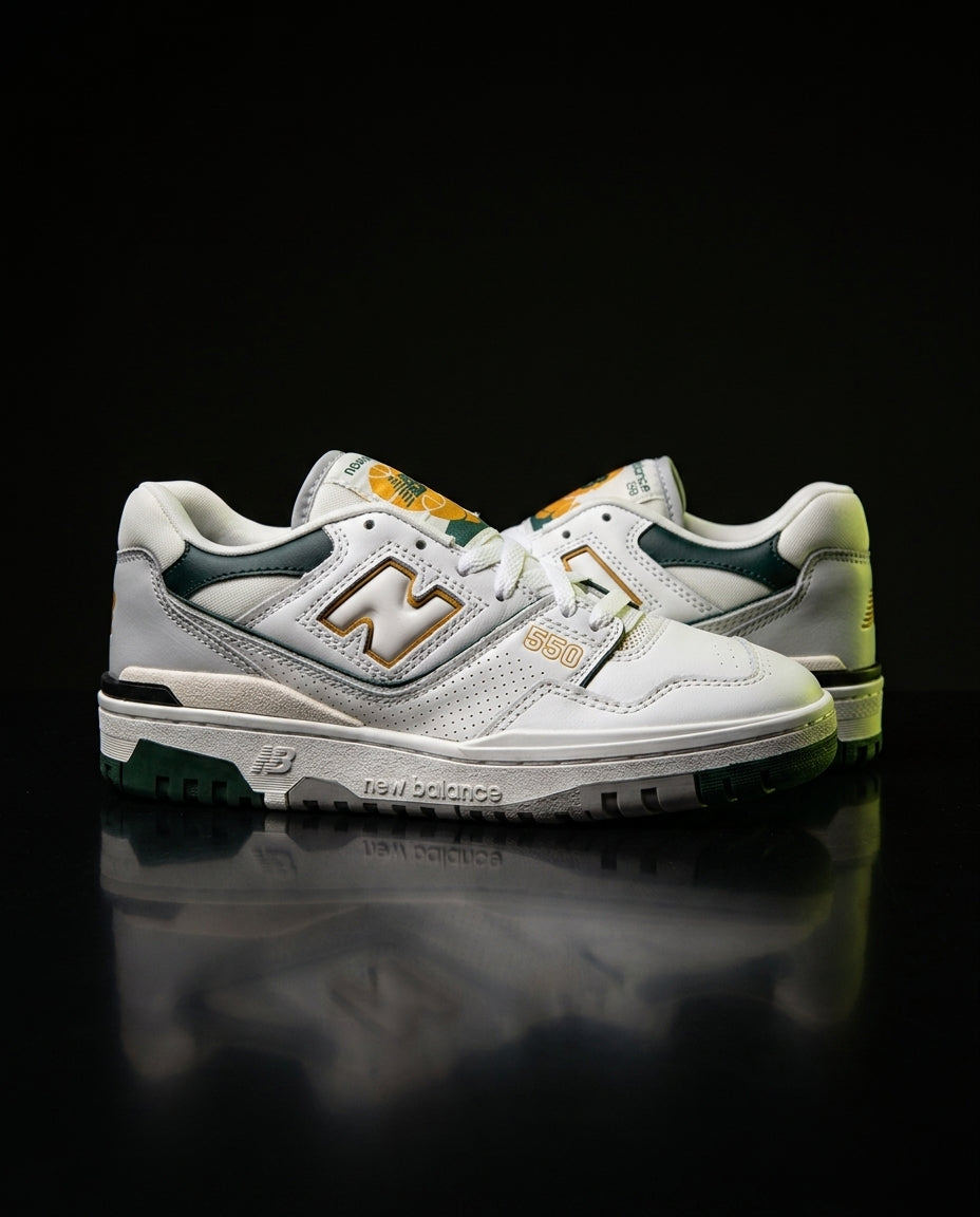 NB 550 Leather Panelled Court Trainer White 3 White Green Gold