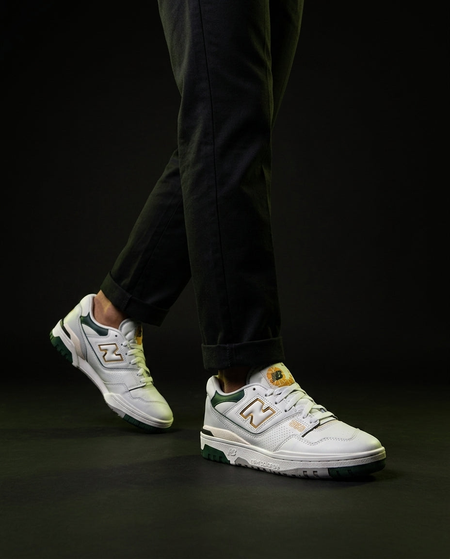 NB 550 Leather Panelled Court Trainer White 3 White Green Gold