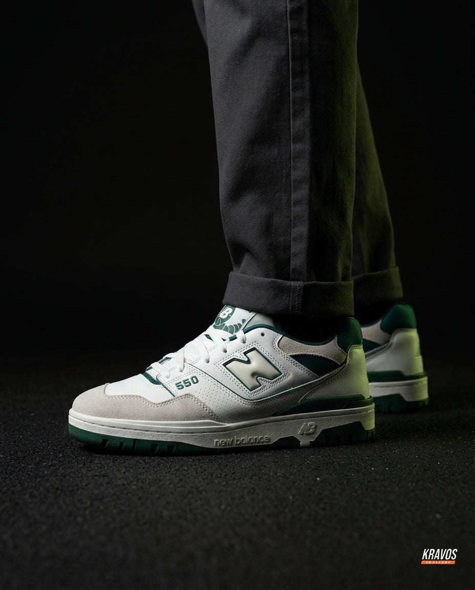 NB 550 Leather Panelled Court Trainer White 2 White Green Grey