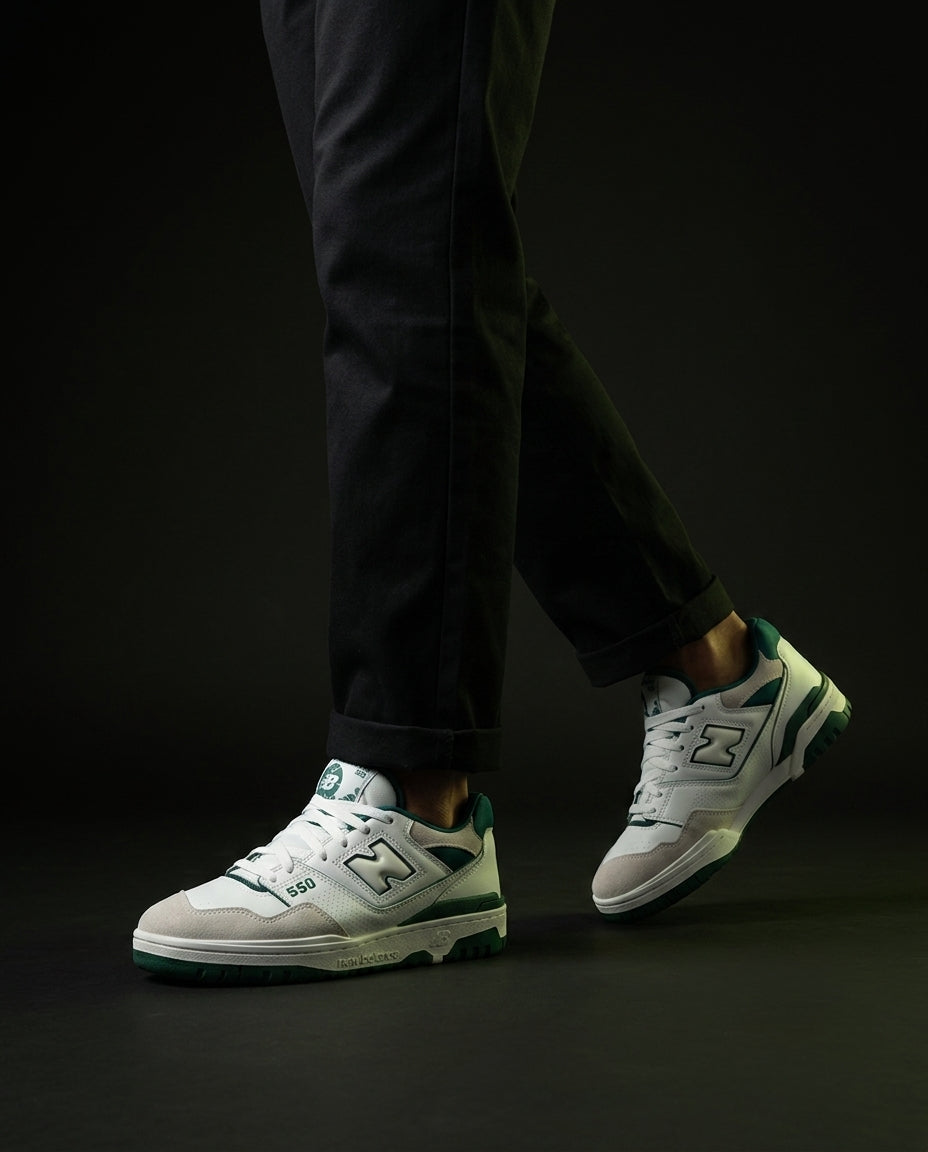 NB 550 Leather Panelled Court Trainer White 2 White Green Grey