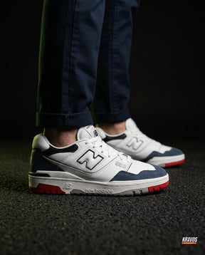 NB 550 Leather Panelled Court Trainer White 2 White Navy Red