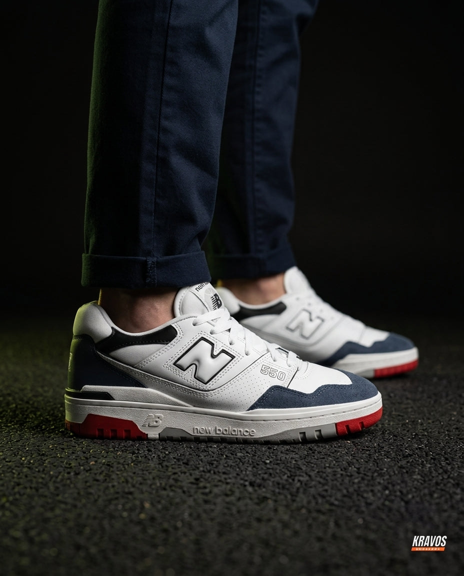 NB 550 Leather Panelled Court Trainer White 2 White Navy Red