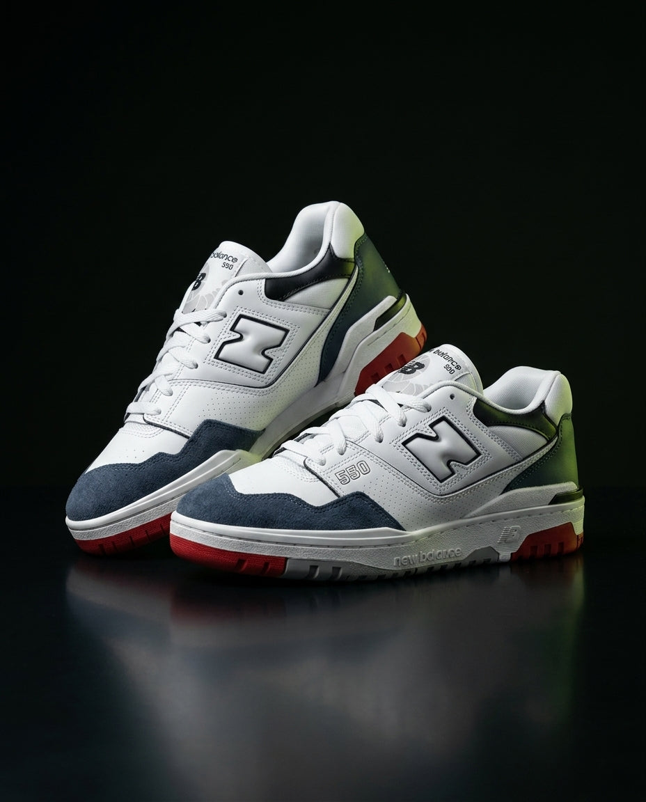 NB 550 Leather Panelled Court Trainer White 2 White Navy Red
