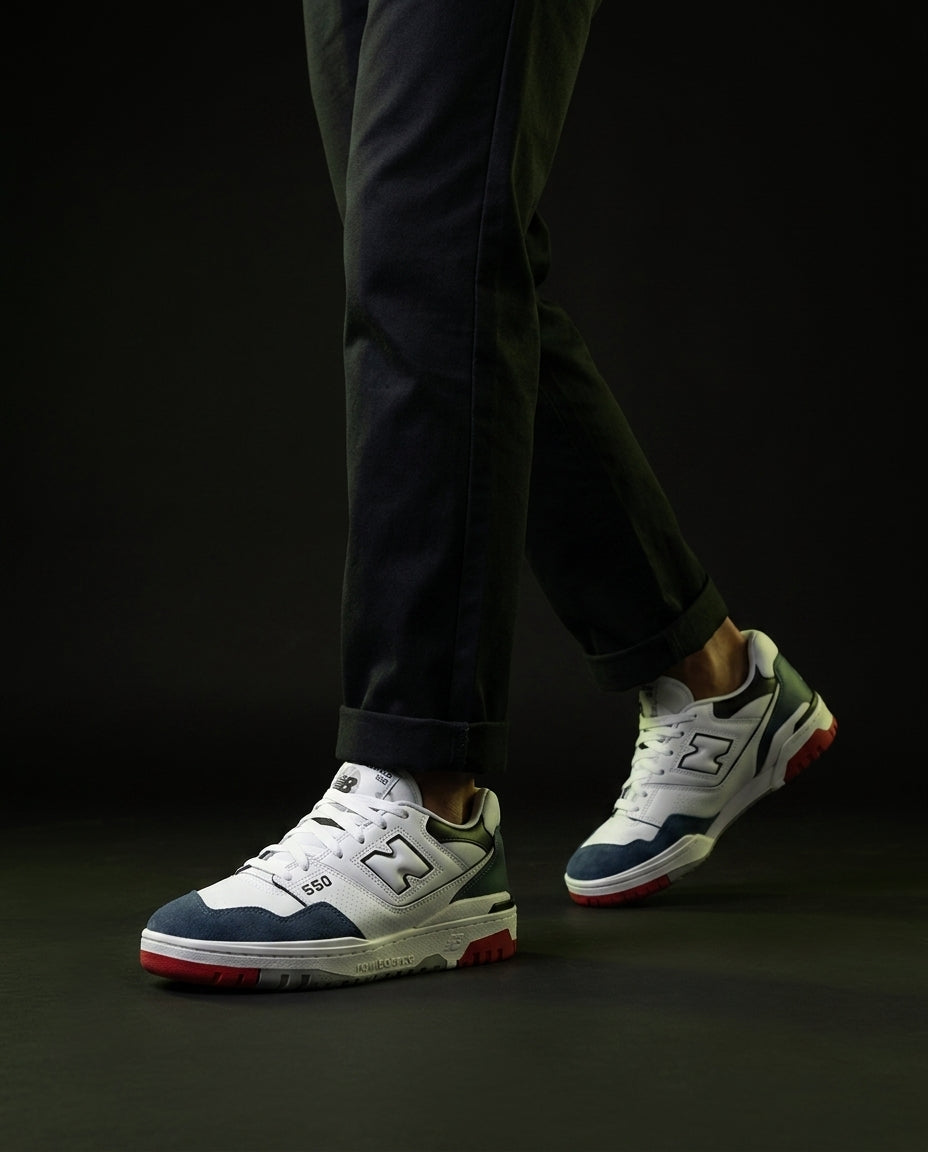 NB 550 Leather Panelled Court Trainer White 2 White Navy Red