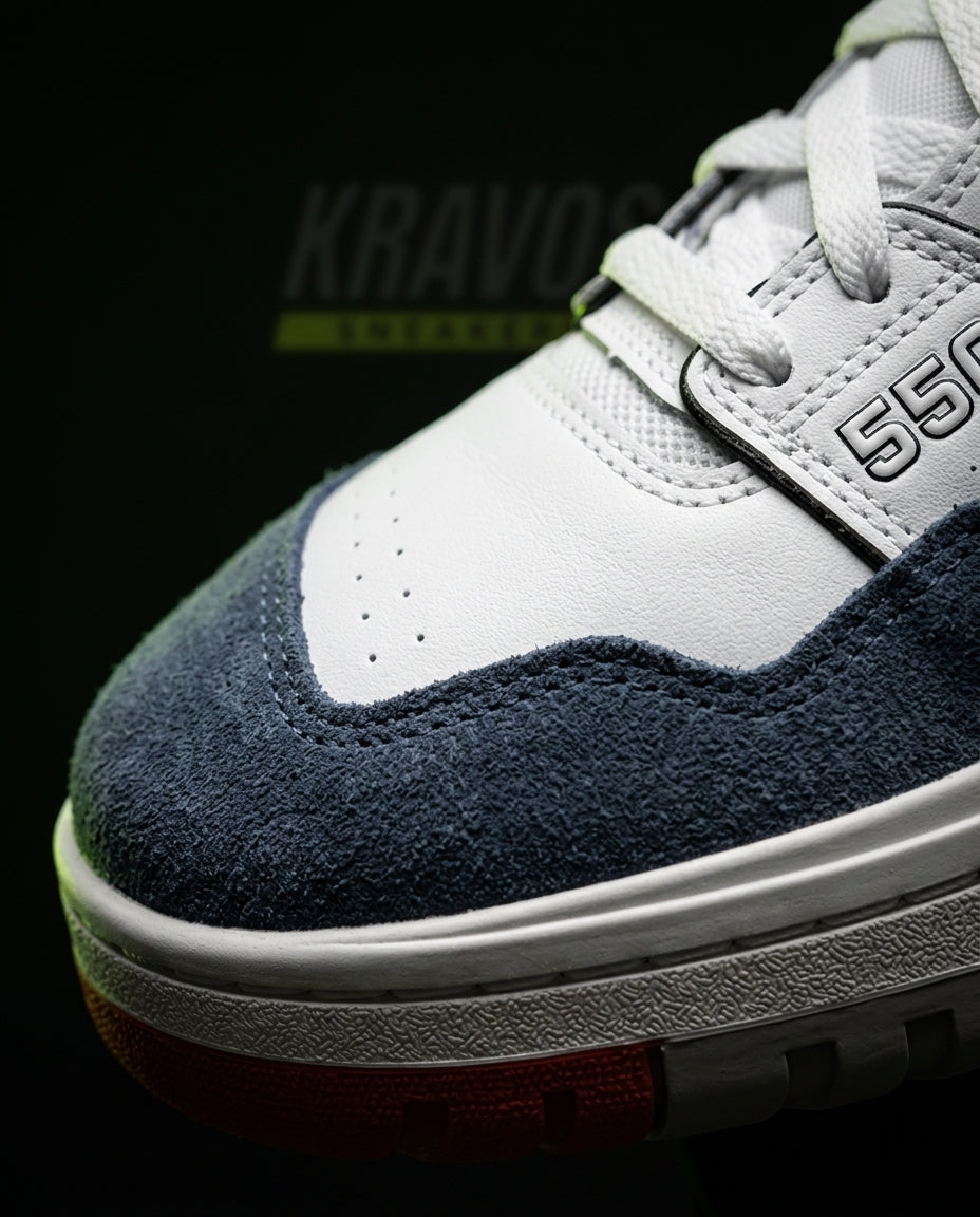 NB 550 Leather Panelled Court Trainer White 2 White Navy Red