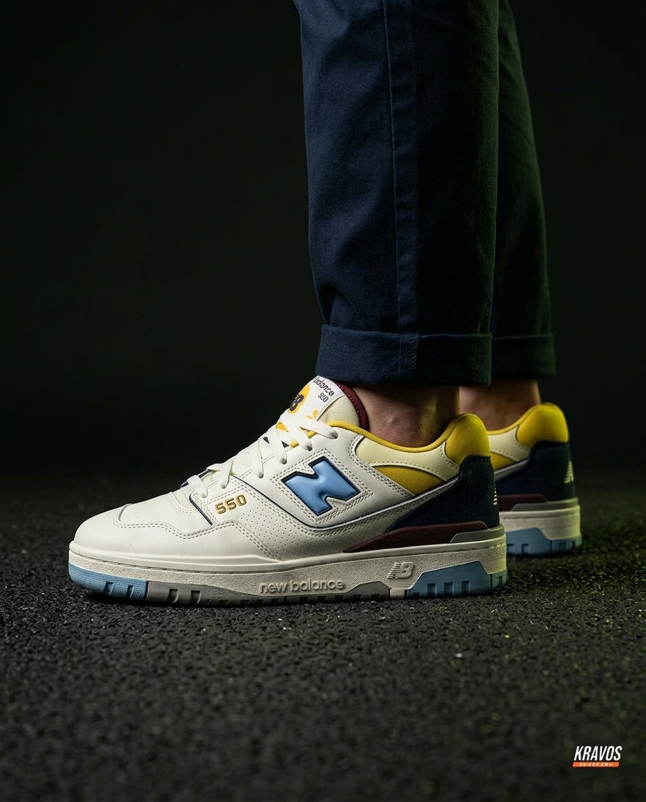 NB 550 Leather Panelled Court Trainer White 1 White Navy Yellow