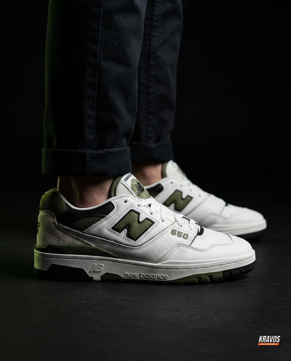 NB 550 Leather Panelled Court Trainer White 2 White Olive Black