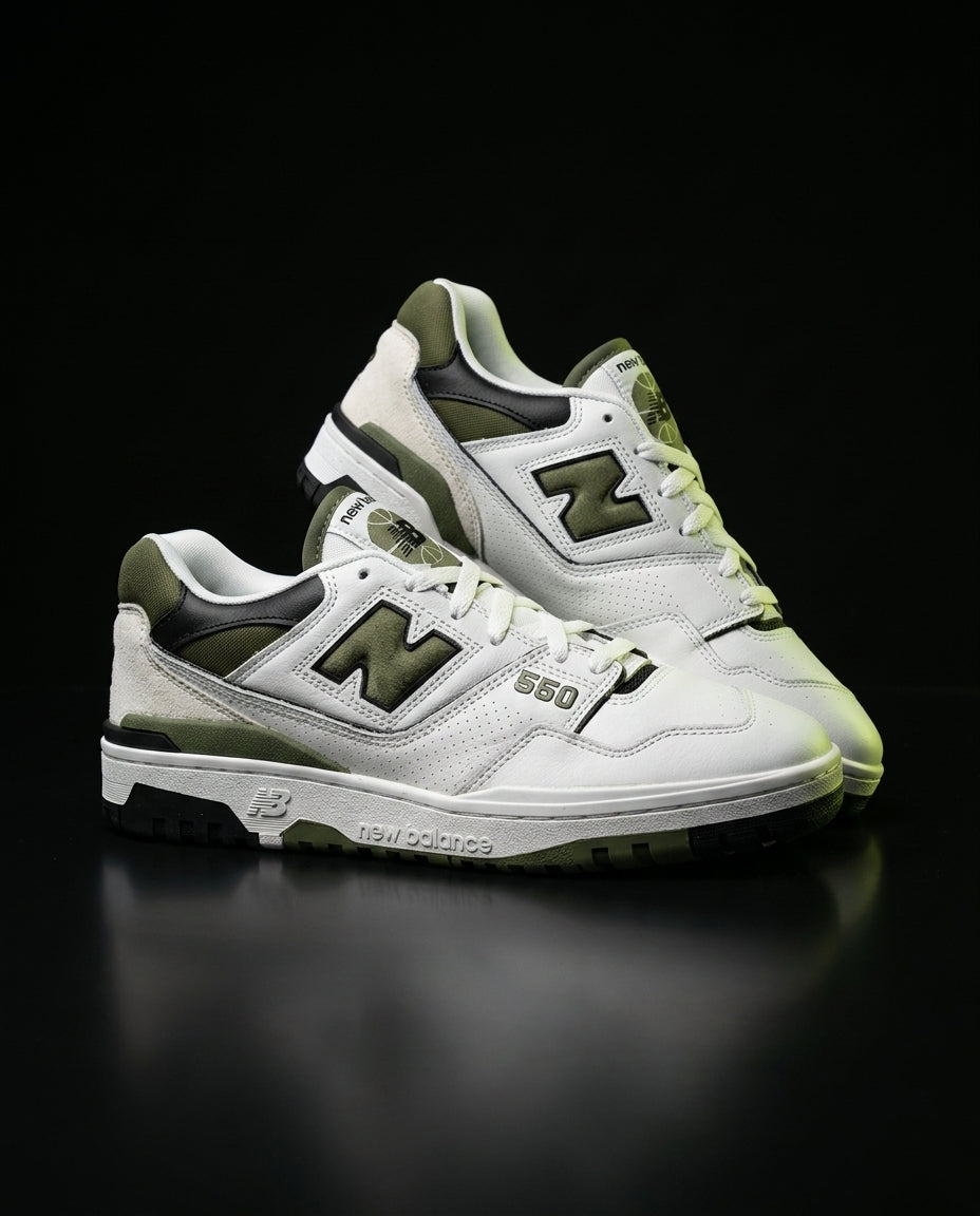 NB 550 Leather Panelled Court Trainer White 2 White Olive Black