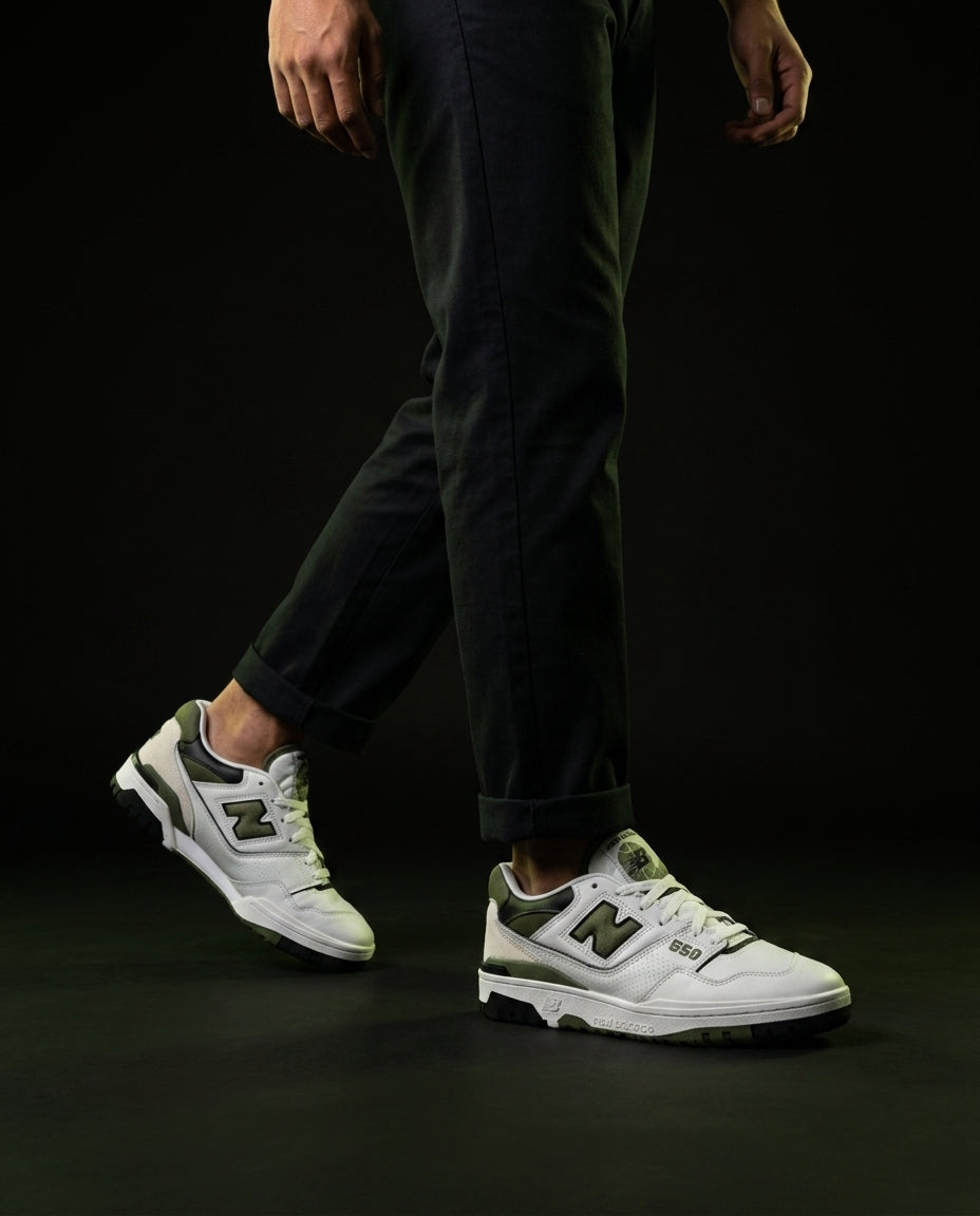 NB 550 Leather Panelled Court Trainer White 2 White Olive Black