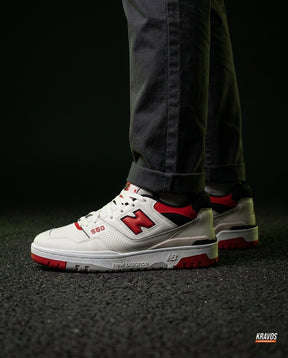 NB 550 Leather Panelled Court Trainer White 2 White Red Black