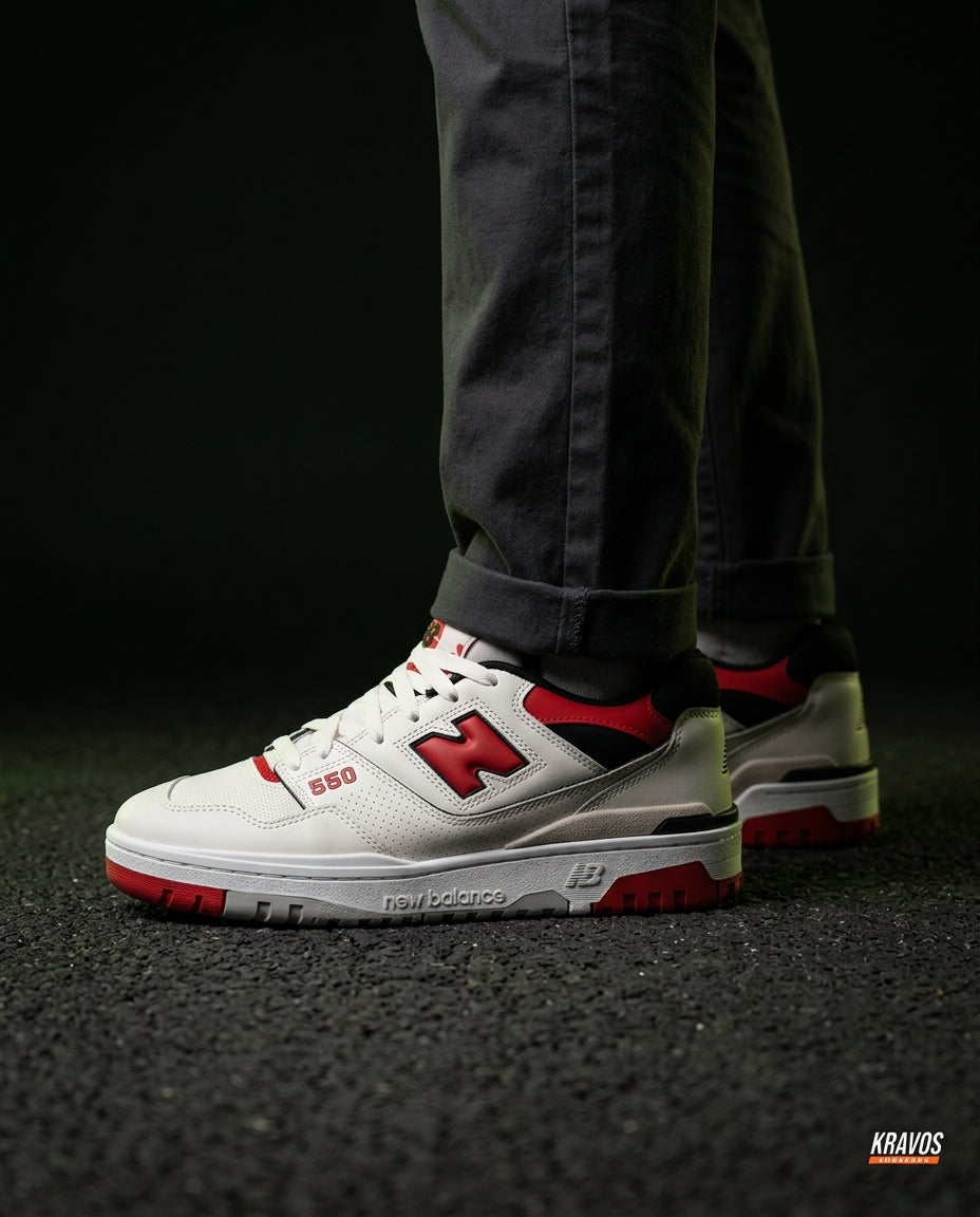 NB 550 Leather Panelled Court Trainer White 2 White Red Black