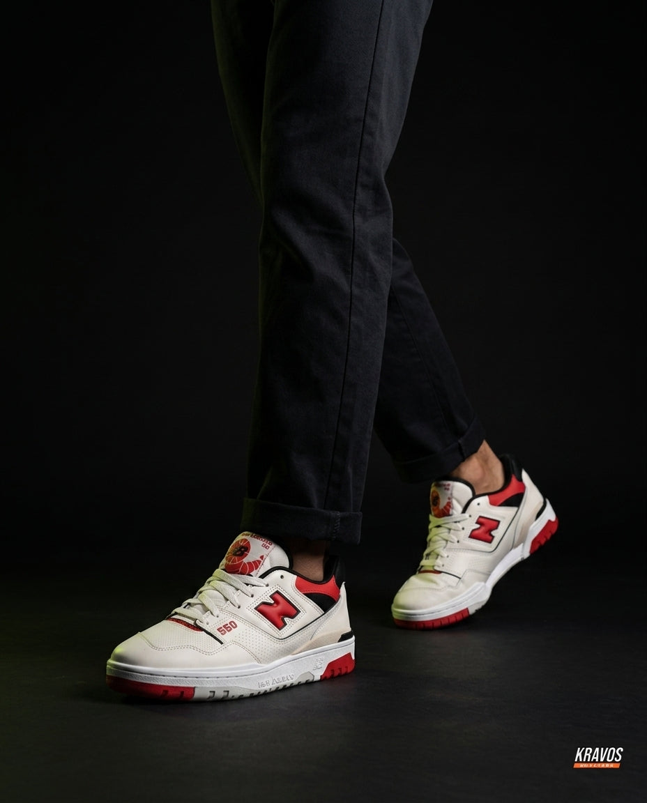 NB 550 Leather Panelled Court Trainer White 2 White Red Black