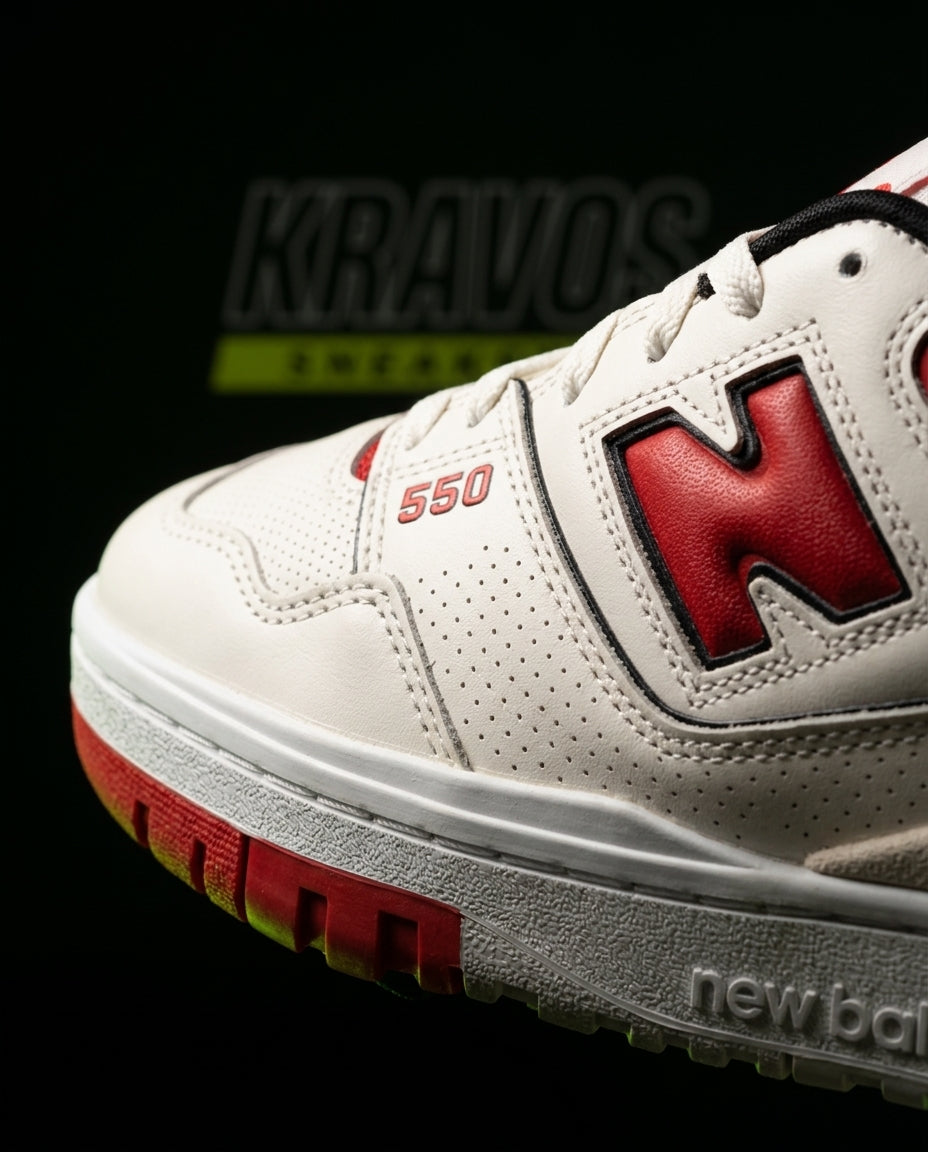 NB 550 Leather Panelled Court Trainer White 2 White Red Black