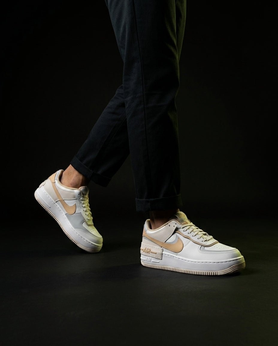 NK Leather Layered Platform Trainer White Tan Grey