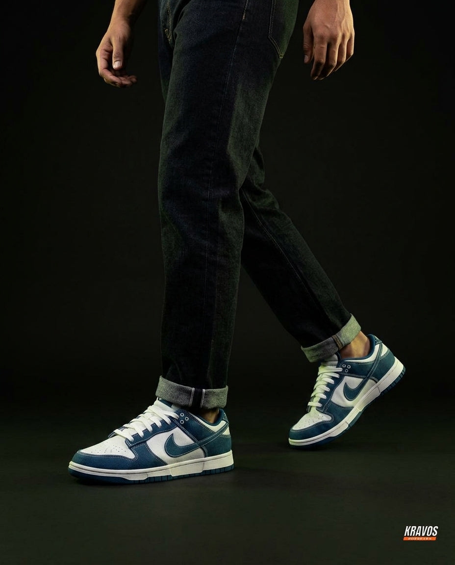 NK Leather Panelled Low Court Trainer Mixed 2 Denim Blue White